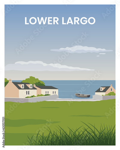 Travel poster in Lower Largo, from the sea in the coastal seaside village with colored style.