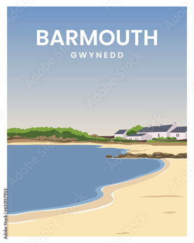 Travel poster with beach and house in Barmouth. vector illustration minimalist style suitable for poster, postcard, card, art, print.