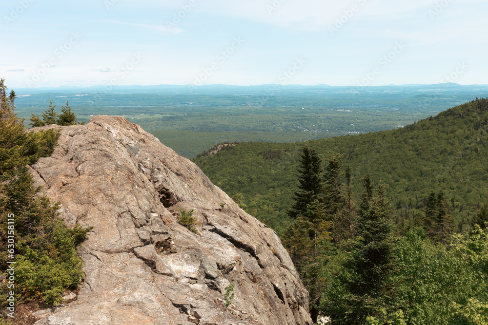 vue sur le sommet d'une montagne avec un gros rocher en été avec une forêt dans la vallée