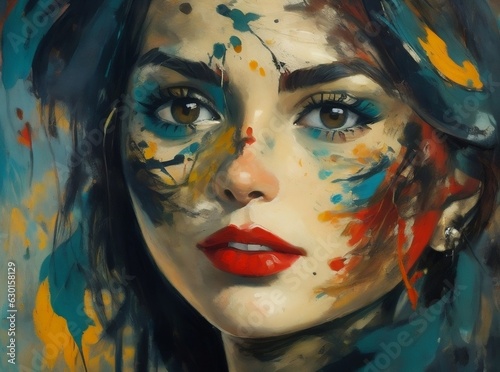 Art illustration of a woman's face painted in a nature atmosphere in an oil painting effect, Generative AI.