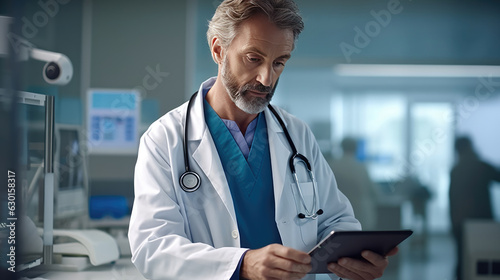 A doctor is attending to a patient while holding a tablet. A doctor using a tablet for a physician consulting patient's health online using an internet mobile digital tablet in a clinic or hospital