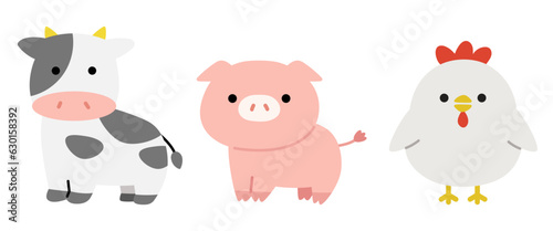 かわいい牛と豚と鶏の全身イラスト