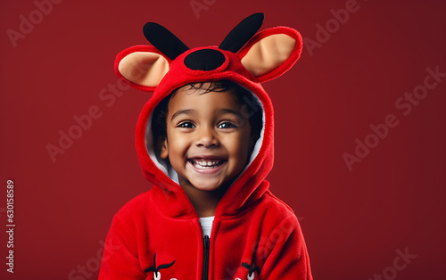 Black african american dark-skinned happy funny boy in red Christmas reindeer costume with gift on bright background. Holidays and celebration concept