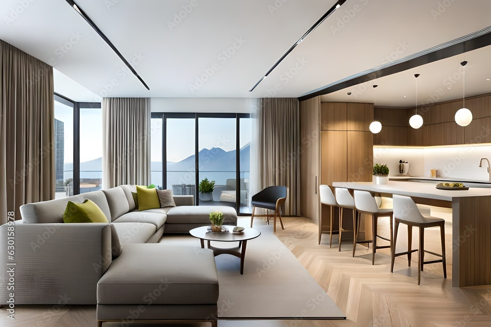 Pendant lights hanging on ceiling in modern kitchen and cushions arranged on sofa in living room