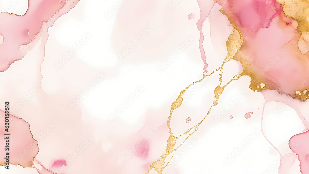 Rose pink liquid watercolor background with golden dots, marble alcohol ink drawing effect background, Generative AI