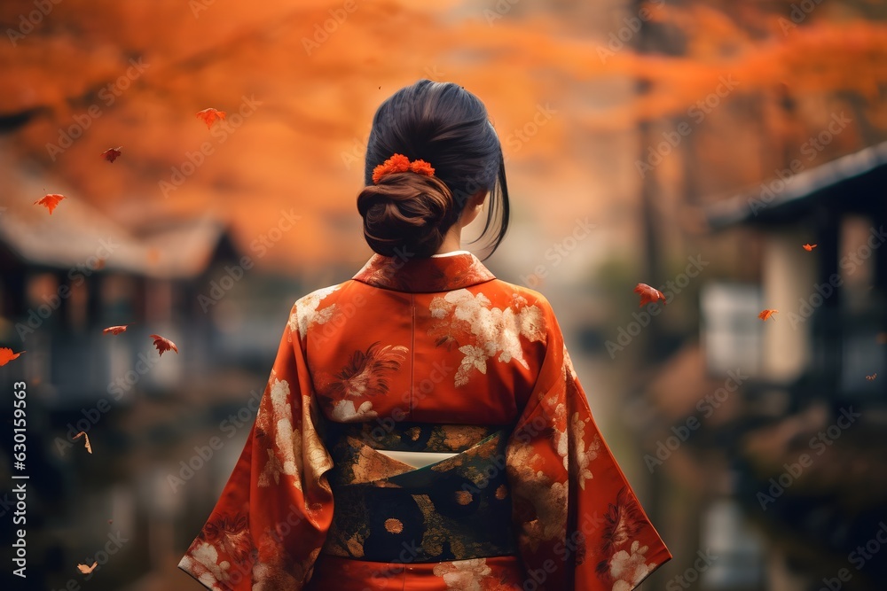 紅葉と着物姿の女性の後ろ姿 with generative ai 紅葉と着物姿の女性の後ろ姿 with generative ai