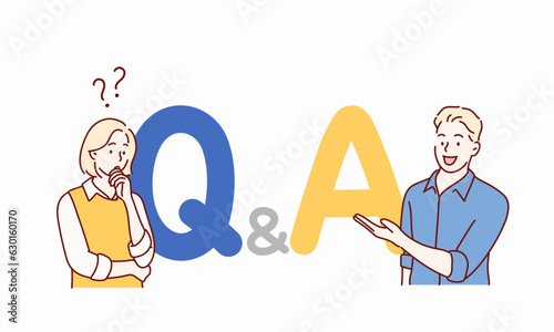 Q and A texts and men and women. QnA. Hand drawn style vector design illustrations.