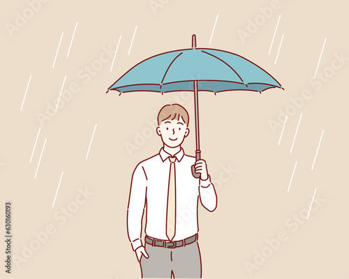 Smiling man with umbrella posing under the rain. Hand drawn style vector design illustrations.