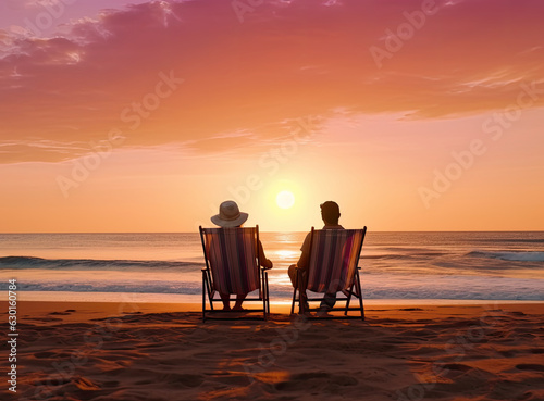 Couple sitting on lounge chairs on the beach at sunset.