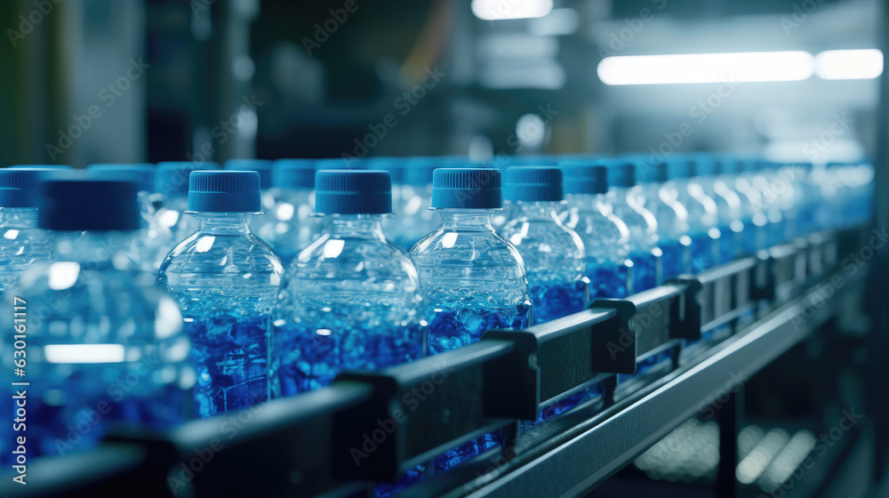 Factory of beverage bottles in plastic bottles on production line