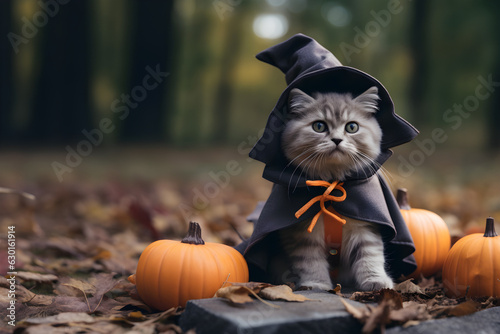 fluffy long haired grey catcat in Halloween costume themed illustration
