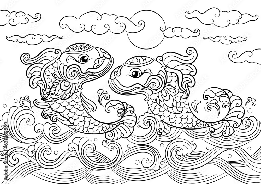 Dragon fish with wave background. Dragon fish with wave background.
