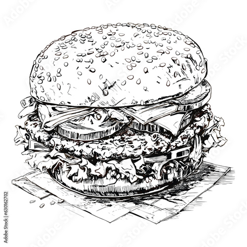Hamburger hand drawn sketch retro style etching  Delicious vintage etching  vector illustration
