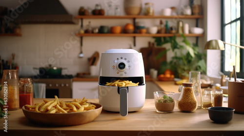 A stylish white air fryer perched elegantly on the kitchen counter photo