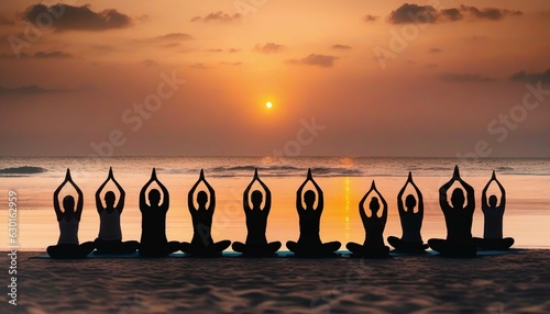 Silhouettes of group meditating at beach yoga retreat during sunset