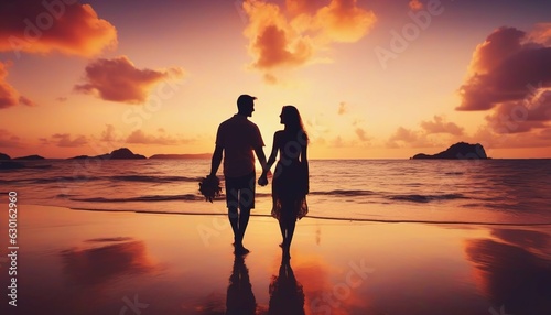 Honeymoon couple silhouette on tropical beach at sunset vacation