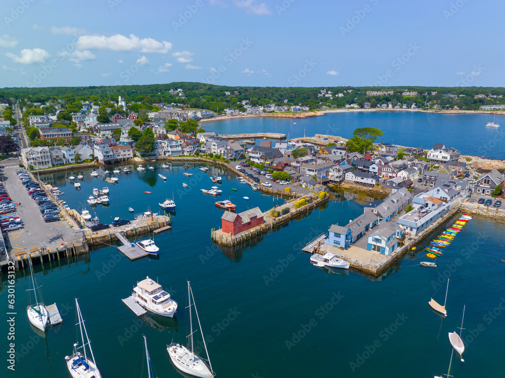 Rockport Harbor aerial view including Bearskin Neck and Motif Number 1 building in historic waterfront village of Rockport, Massachusetts MA, USA. 