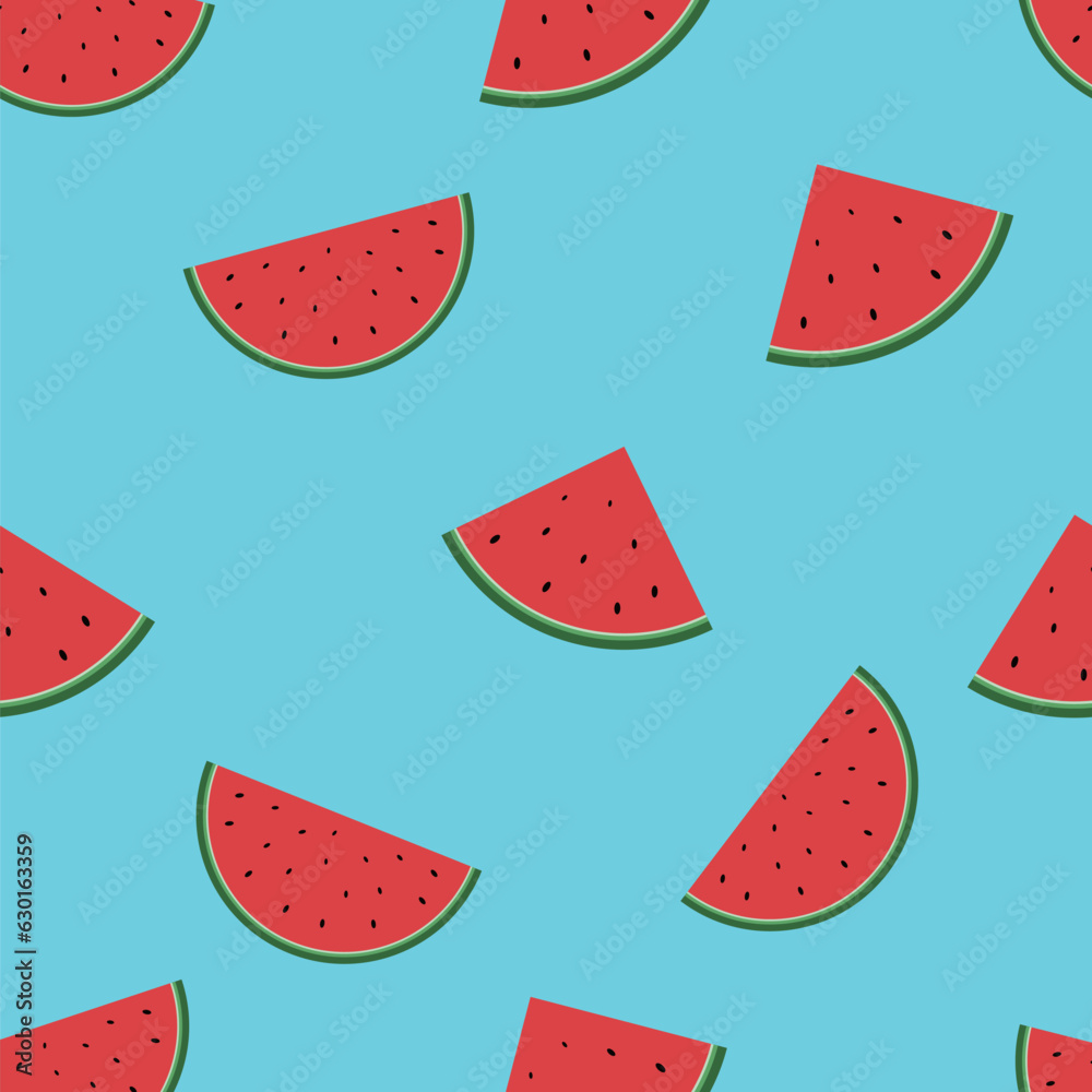 Seamless pattern with watermelon. Lots of watermelon slices on the blue background.
