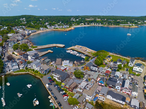 Rockport Harbor aerial view including Bearskin Neck and Back Beach at Back Harbor in historic waterfront village of Rockport, Massachusetts MA, USA.  photo