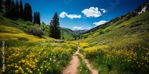  beautiful mountain , trail ,red yellow lilac white wildflowers, blue sky with big fluffy clouds, summer bright colorful landscape in Greece