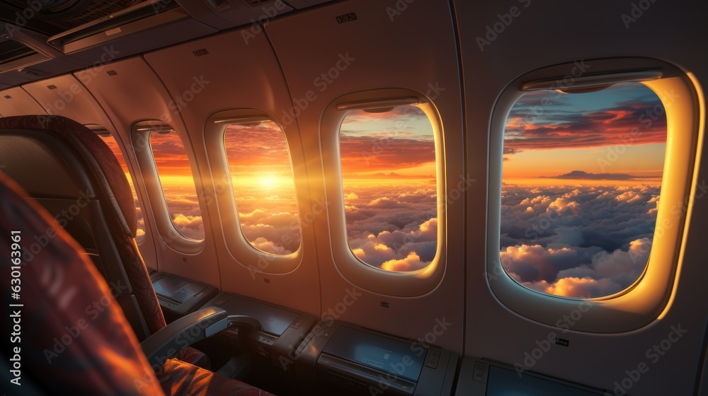 beautiful sunset sky above the Plane flying view from inside the plane of the journey.