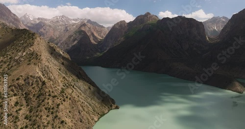 Iskanderkul Lake Surrounded By Mountainscape In Sughd Province, Tajikistan. Aerial Drone Shot photo