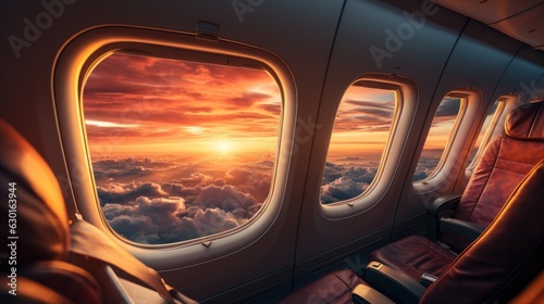 beautiful sunset sky above the Plane flying view from inside the plane of the journey. © sirisakboakaew