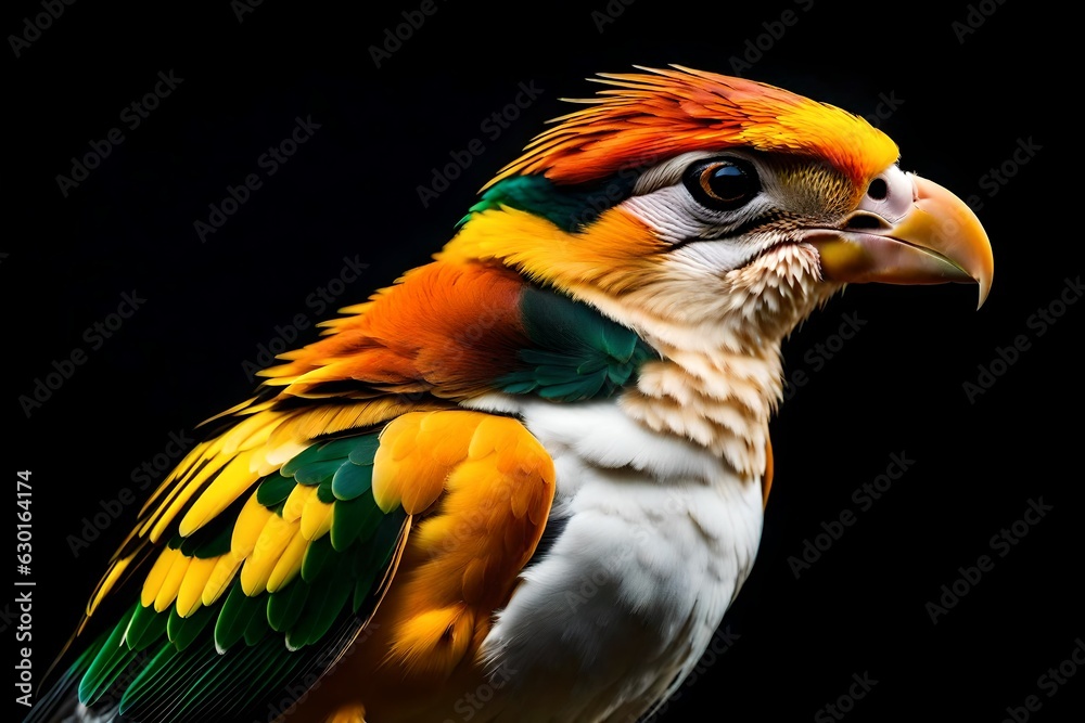 Obraz premium Colorful tropical bird portrait stands out dramatically against a solid black background for design.
