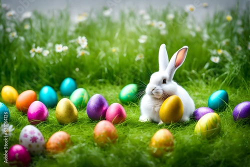Easter bunny and easter eggs generated by AI tool