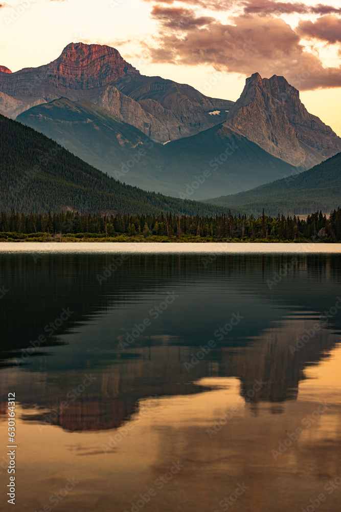 Calm Gap Lake at sunset in Alberta, Canada.