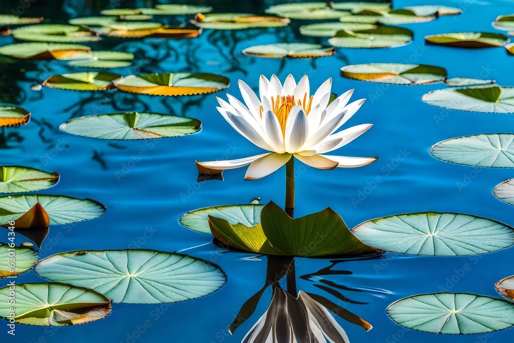 White water lily in blue lake generated by AI tool