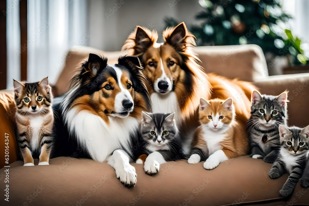 Cute adult shetland sheepdog with kittens generated by AI tool