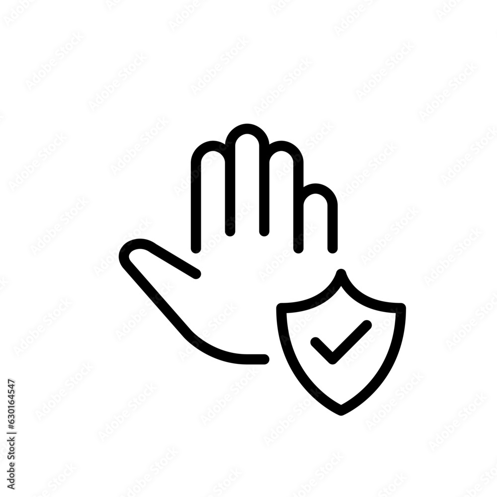 Hand gesturing stop and protection shield with check mark. Pixel perfect, editable stroke icon Hand gesturing stop and protection shield with check mark. Pixel perfect, editable stroke icon