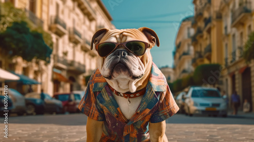 A bulldog wearing cool sunglasses and carrying a tiny backpack as it explores the streets during the early hours © didiksaputra