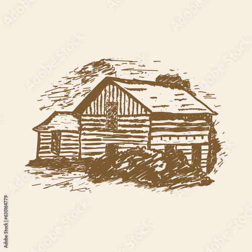 freehand sketch of house.Textured vector freehand drawing of rural house.House and Landscape Illustration. Vintage House Rural 