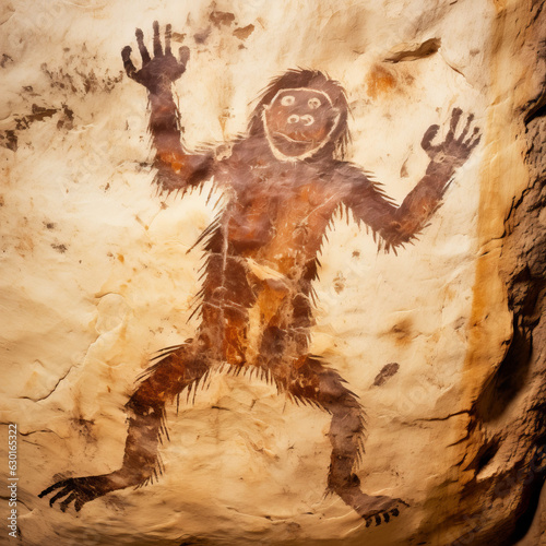 Simulated Cave Painting of Ancient Bipedal Humanoid Ancestor or Relative photo