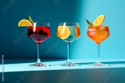 Composition with alcohol cocktails on coloured background with harsh shadows. Trendy concept cocktail menu. Set of cocktails on blue background. Bartender cocktails in minimal modern style