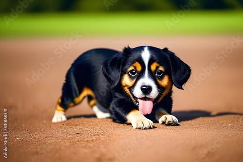 a dog that is laying down in the dirt, gradient background, baseball stadium, long tongue, focus close on mischievous eyes, cartoonish cute. Generative AI photo