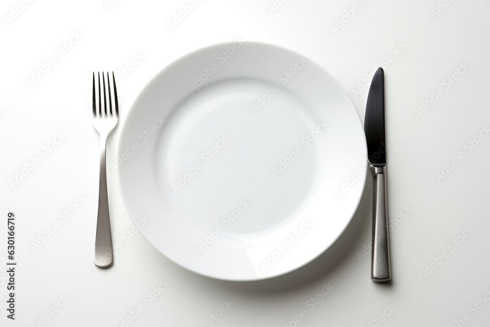 plate with fork and knife on white background plate with fork and knife on white background