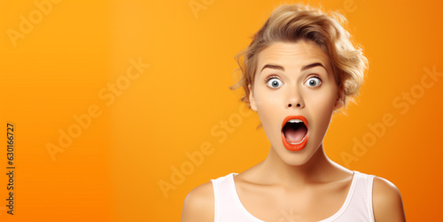 Surprised Adult Woman with Shocking Super Sale Product on Orange Background