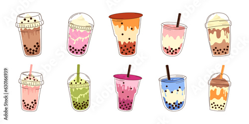 Bubble tea drink illustration collection. Pearl milk tea, boba yummy and soft drinks with doodle style.