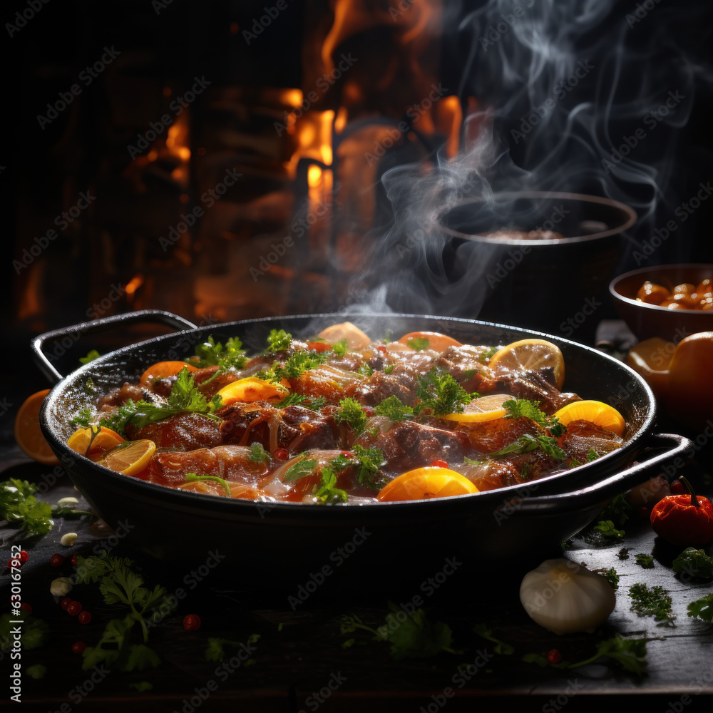 Clay pot with closed lid and hot stew with steam
Clay pot with closed lid and hot stew with steam