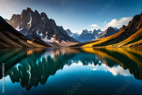reflection of mountains in lake by Generated with AI technology