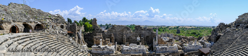 Side Ancient theatre. Turkey. Antalya. Ruins of the ancient city of Side. The largest amphitheater in Turkey. Main street of the ancient city. Mediterranean Sea.