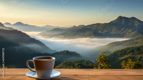 Coffee cup on wooden table to a mountain with beautiful blue sky and fog at dawn.