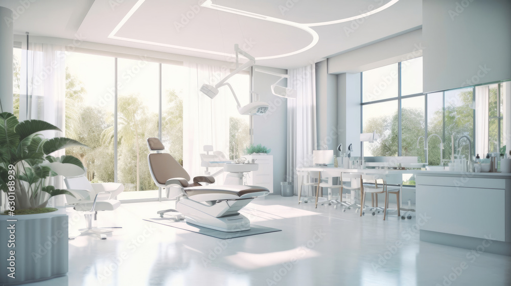 A modern dental practice interior, featuring an ergonomic dental chair and state-of-the-art technology A modern dental practice interior, featuring an ergonomic dental chair and state-of-the-art technology