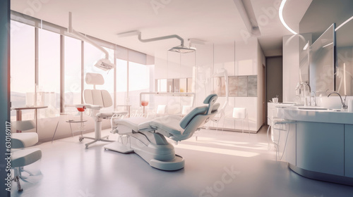 A modern dental practice interior, featuring an ergonomic dental chair and state-of-the-art technology
