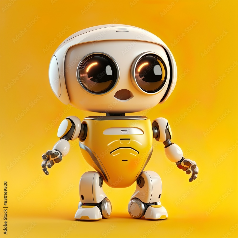 cute happy adorable robot with soccer 3d character isolated on yellow background generative ai