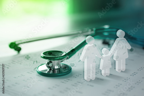 Medical stethoscope and icon family on cyan background. Health care insurance concept.
