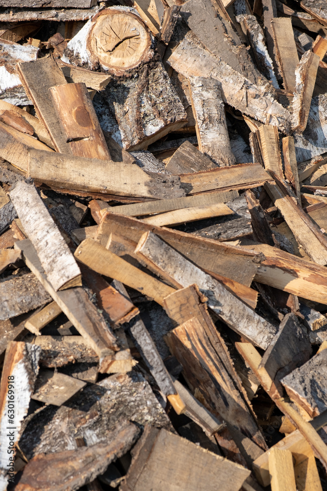 A large pile of different sawn firewood for the stove. Preparing firewood for the winter. Firewood background. A large pile of different sawn firewood for the stove. Preparing firewood for the winter. Firewood background.